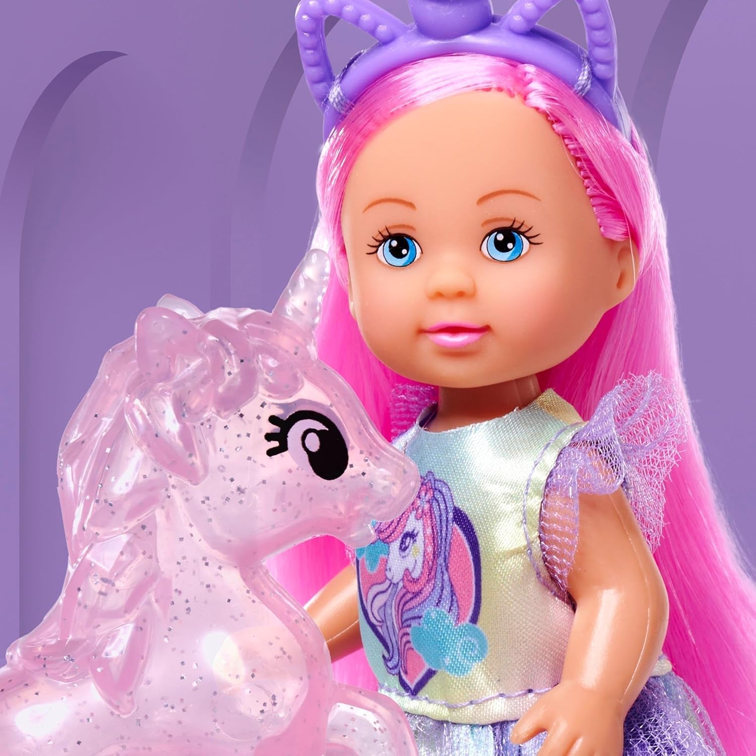 Simba Evi Love Unicorn Play Doll portant une jolie robe licorne avec un bandeau assorti, comprenant une licorne avec une écurie, des pommes et une gourde, 12 cm, à partir de 3 ans