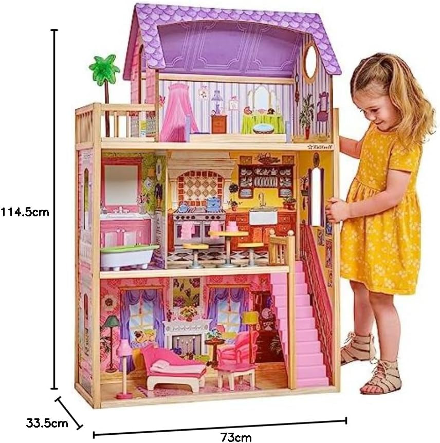 KidKraft Kayla Maison de poupée en bois avec meubles et accessoires, ensemble de jeu à 3 niveaux pour poupée de 30 cm, jouet pour 3 ans et plus, 65092 - Exclusivement sur Amazon