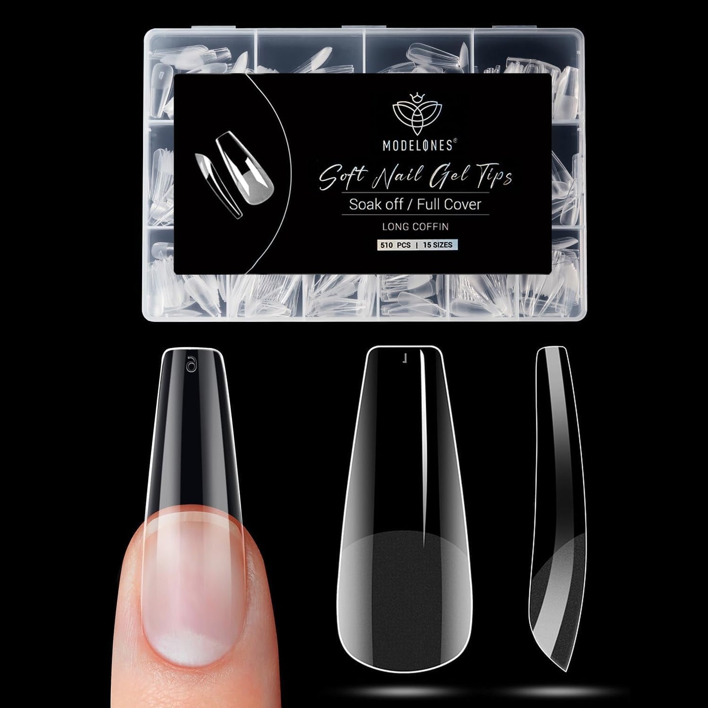 Modelones Nail Tips 510 pièces – Ensemble de pointes d'ongles à couverture complète, ensemble de pointes en gel, pointes d'ongles en résine PMMA pré-polonées, ongles artificiels à coller sur Nail Art DIY, Squoval court