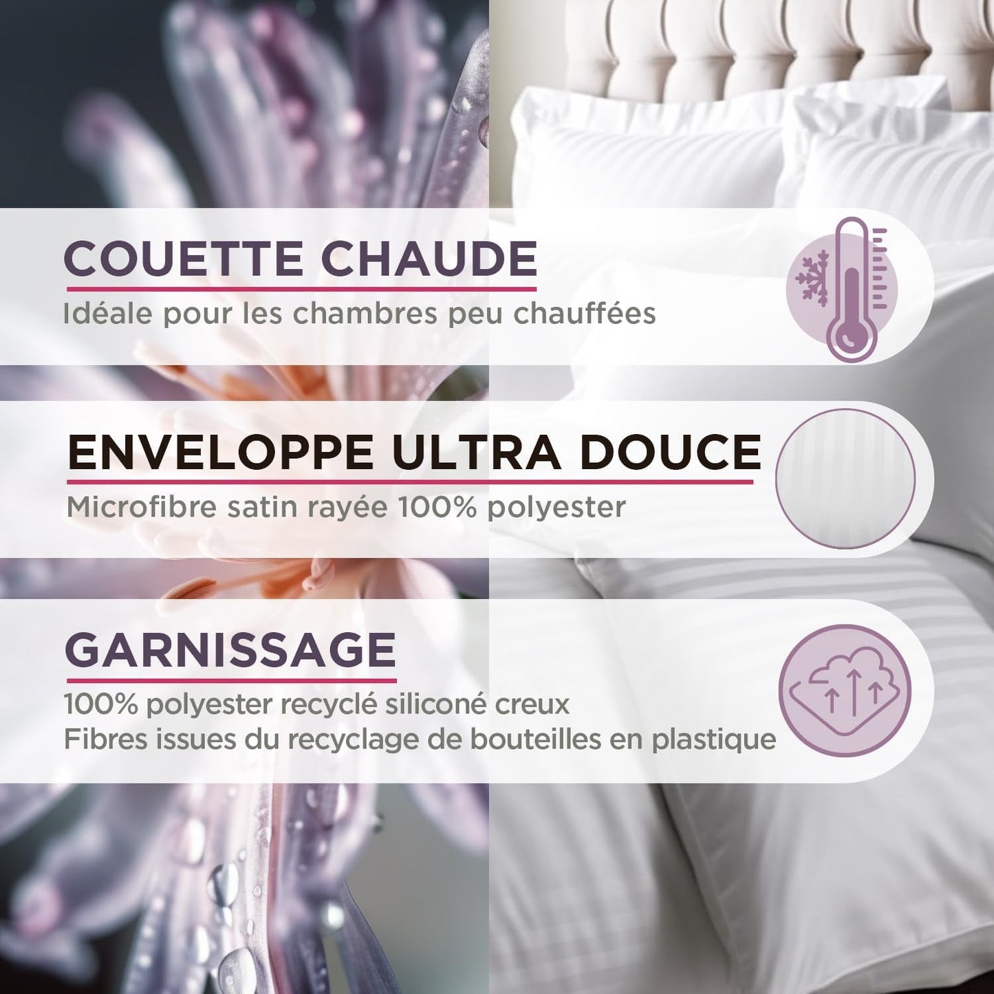 Couette, satin, rayé, 400 G/M², 200 X 200 Cm, microfibre, blanc, 200 X 200 Cm Couettes et couettes Naty Shop