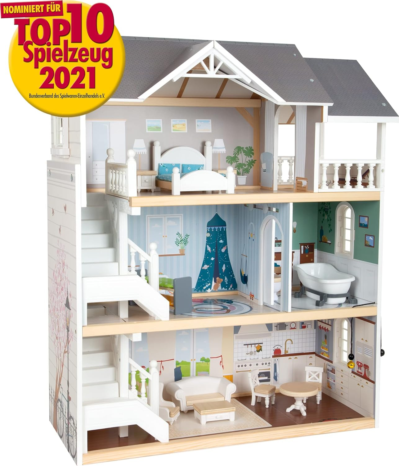 Small Foot Maison de poupée en bois à 3 étages avec façade ouverte et 12 meubles pour 3 ans et plus 11802 Blanc Gris