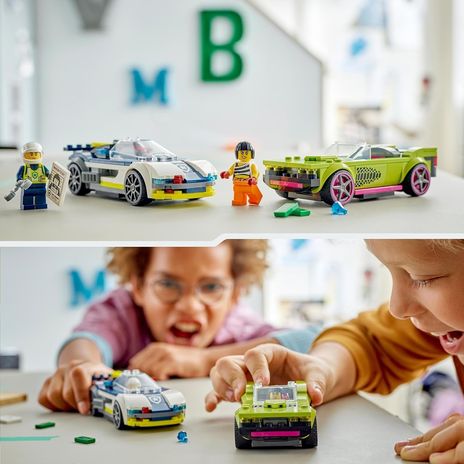 LEGO City Car Chase avec voiture de police et muscle car, train jouet avec 2 voitures de course, cadeau de police pour enfants, garçons et filles à partir de 6 ans, set avec policier et figurines Ganovin 60415 Jeux de construction Besuche den LEGO-Store