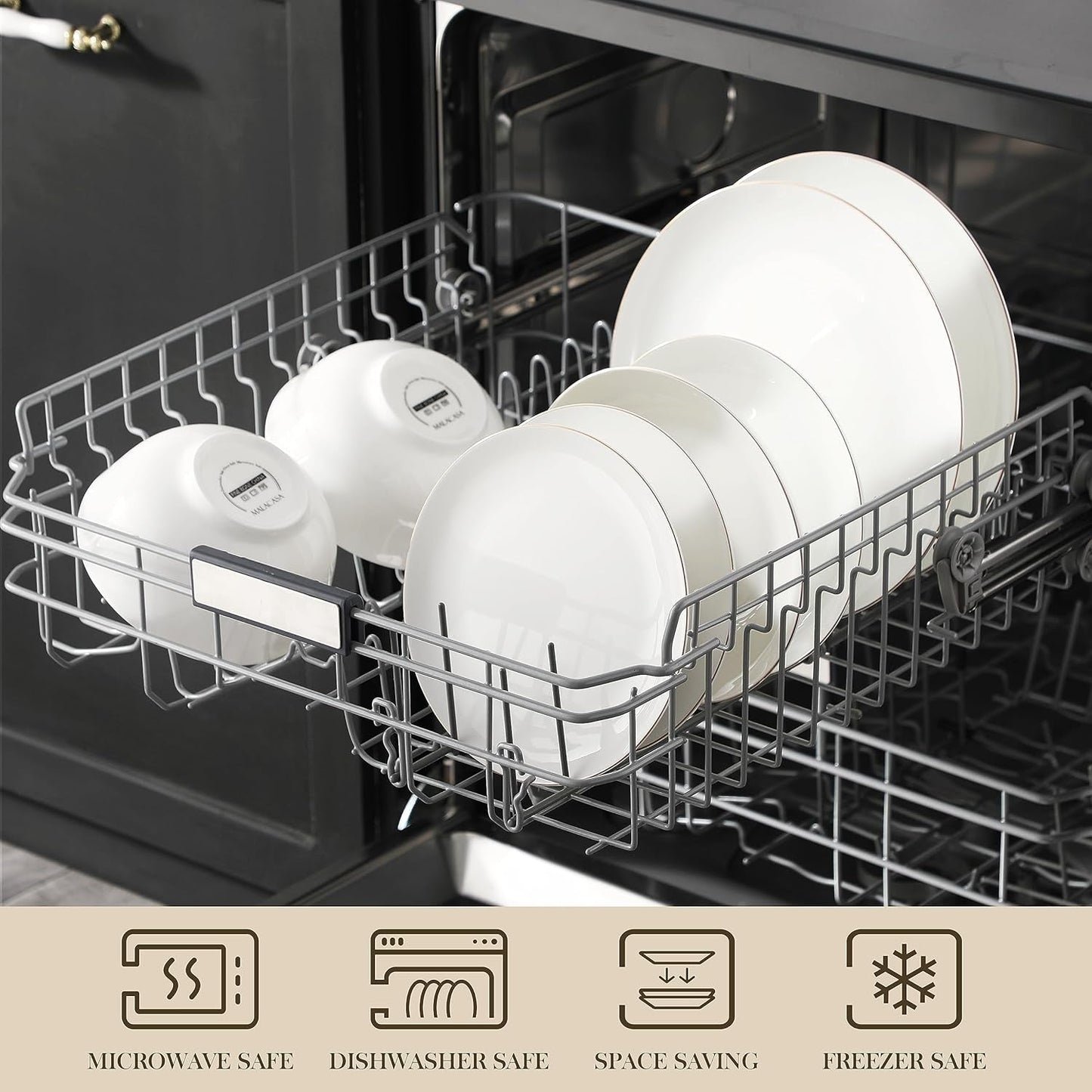 MALACASA Service de table pour 4 personnes en porcelaine tendre, service de table 16 pièces rond blanc avec bord doré, ensemble combiné de 4 assiettes plates, 4 assiettes à dessert, 4 assiettes Suma et 4 bols à céréales Série NORI