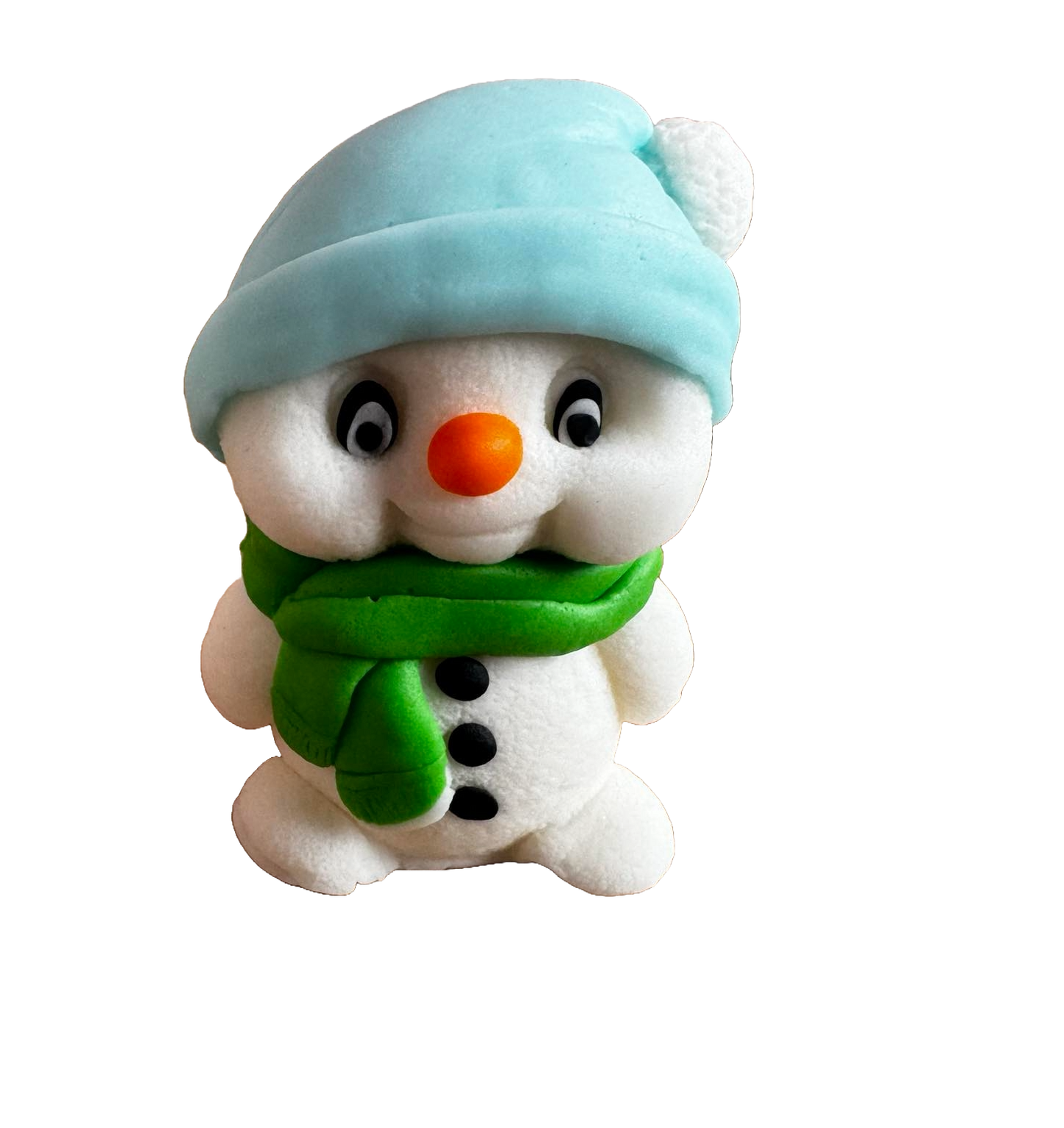 Décoration comestible en pâte à sucre, Bonhomme de neige avec écharpe verte et chapeau bleu Décorations en pâte à sucre Naty Shop