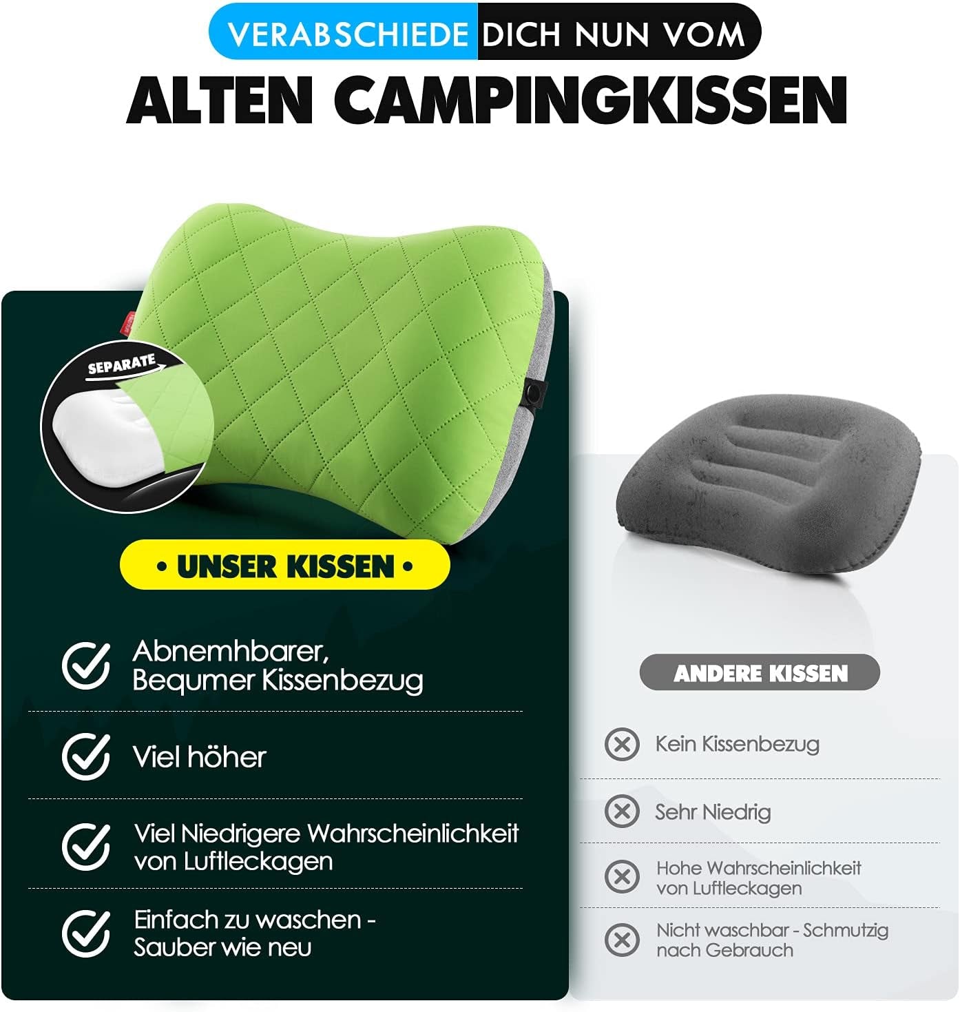 Oreiller gonflable de camping/voyage HIKENTURE avec housse d'oreiller amovible, oreiller ergonomique, oreiller cervical confortable pour voyage/extérieur, oreiller cervical de voyage gonflable (vert)... Oreillers orthopédiques cervicaux Naty Shop