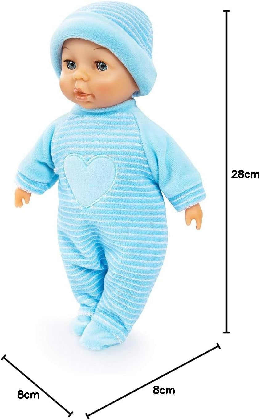 Bayer Design 92802AU My First Baby 28 cm, poupée bébé, poupée au corps doux avec des yeux endormis, très pratique, tenue mignonne, bleu avec cœur