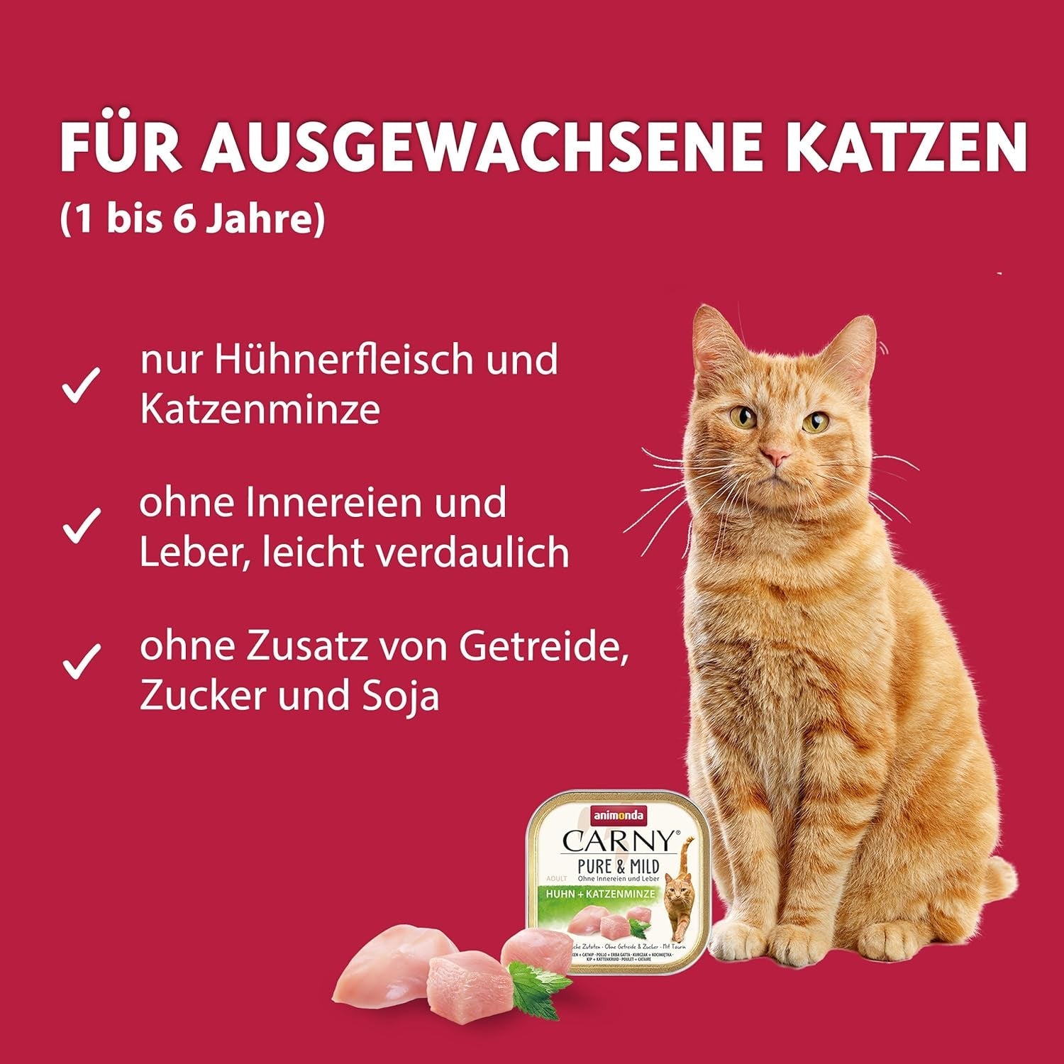 Nourriture humide pour chat Adult Pure & Mild au poulet et à l'herbe à chat (32 x 100 g), pour chats sensibles, sans céréales et sans sucre, nourriture humide au poulet facile à digérer