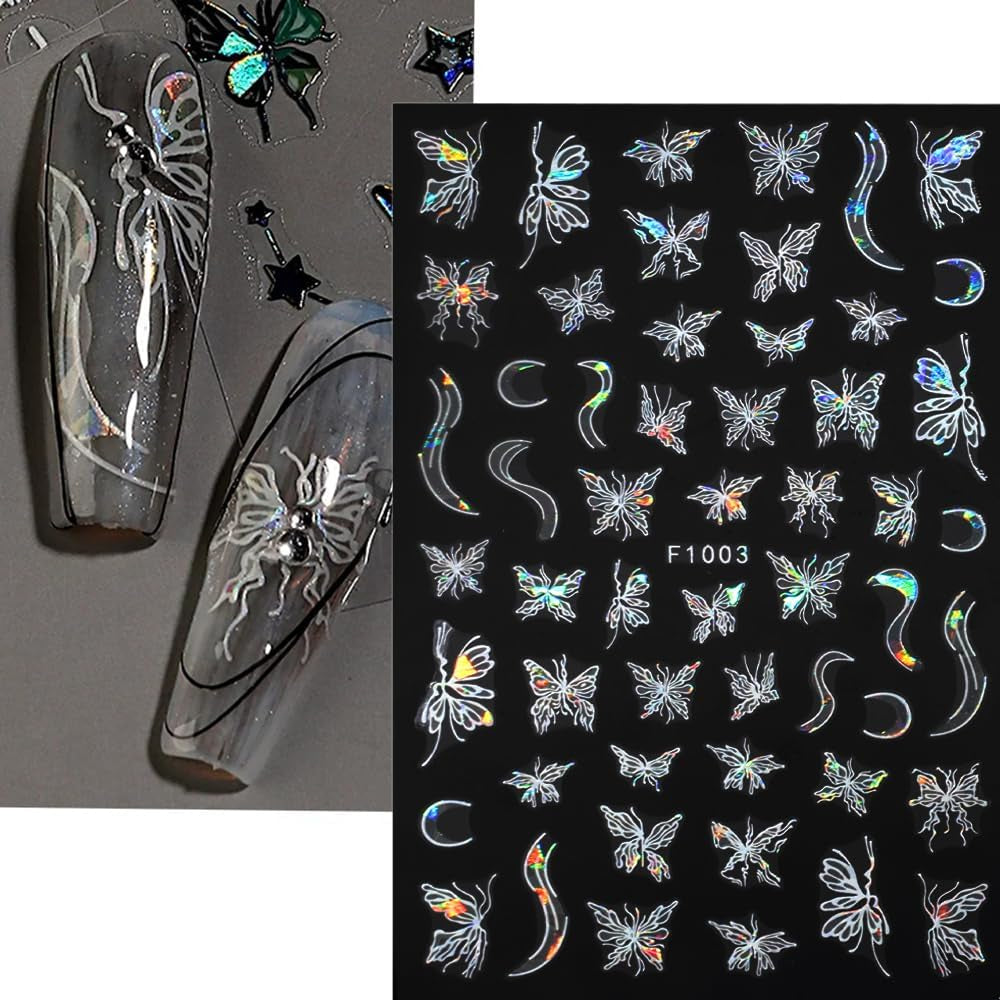 4 feuilles holographiques Laser blanc Schmetterling Nagelsticker,Y2K Aurora Schmetterling Stern Nail Sticker 3D Flamme Herz Nageldesign Nagelsticker Selbstklebend Nagel Sticker Nagel Zubehör Nail Art