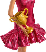 Poupée Barbie Danseuse de Tournoi en robe rouge à volants, chaussures de danse, cheveux bruns et accessoires pour trophée de danse, JFR09