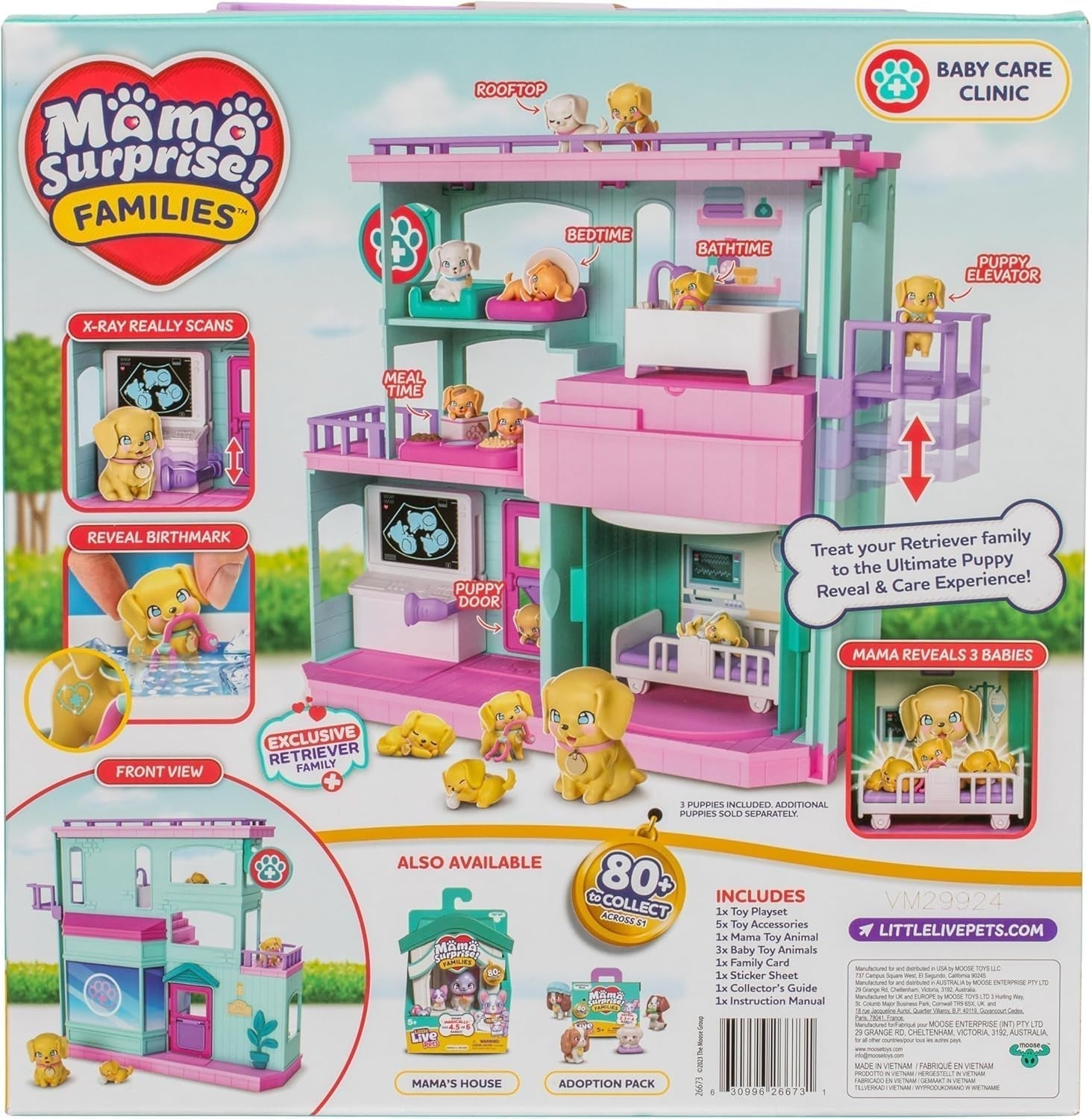 Ensemble de jeu Little Live Pets Mama Surprise Families Baby Clinic, 3 chiots Retriever inclus, ensemble de jeu magique double face (27,8 cm de largeur, 23,8 cm de hauteur). Nourrir, se baigner et jouer, cadeau pour enfants Figurines Naty Shop