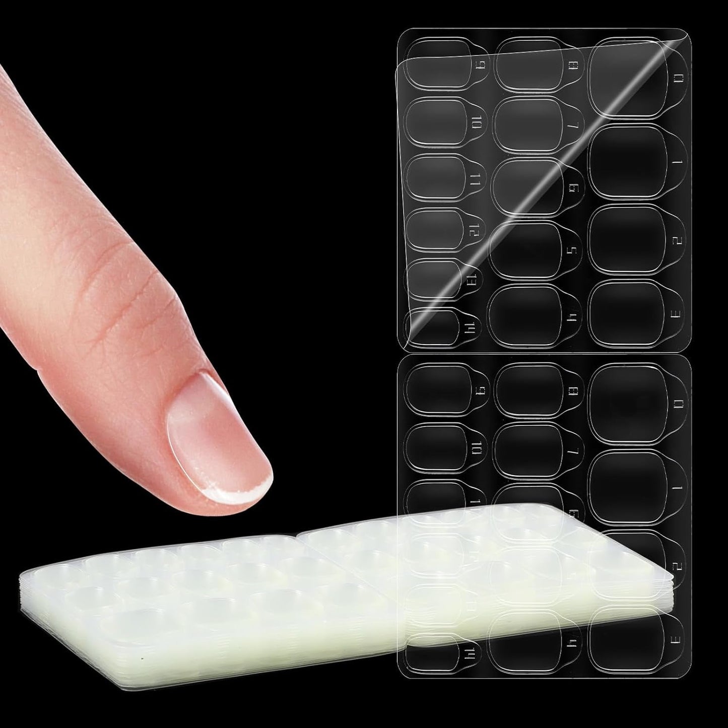15 feuilles/450 pièces de tampons adhésifs pour ongles, 15 tailles de tampons adhésifs transparents pour ongles, gel de gelée double face, autocollant adhésif pour ongles, tampons adhésifs à presser sur les ongles, tampons adhésifs pour accessoires de décoration de manucure DIY