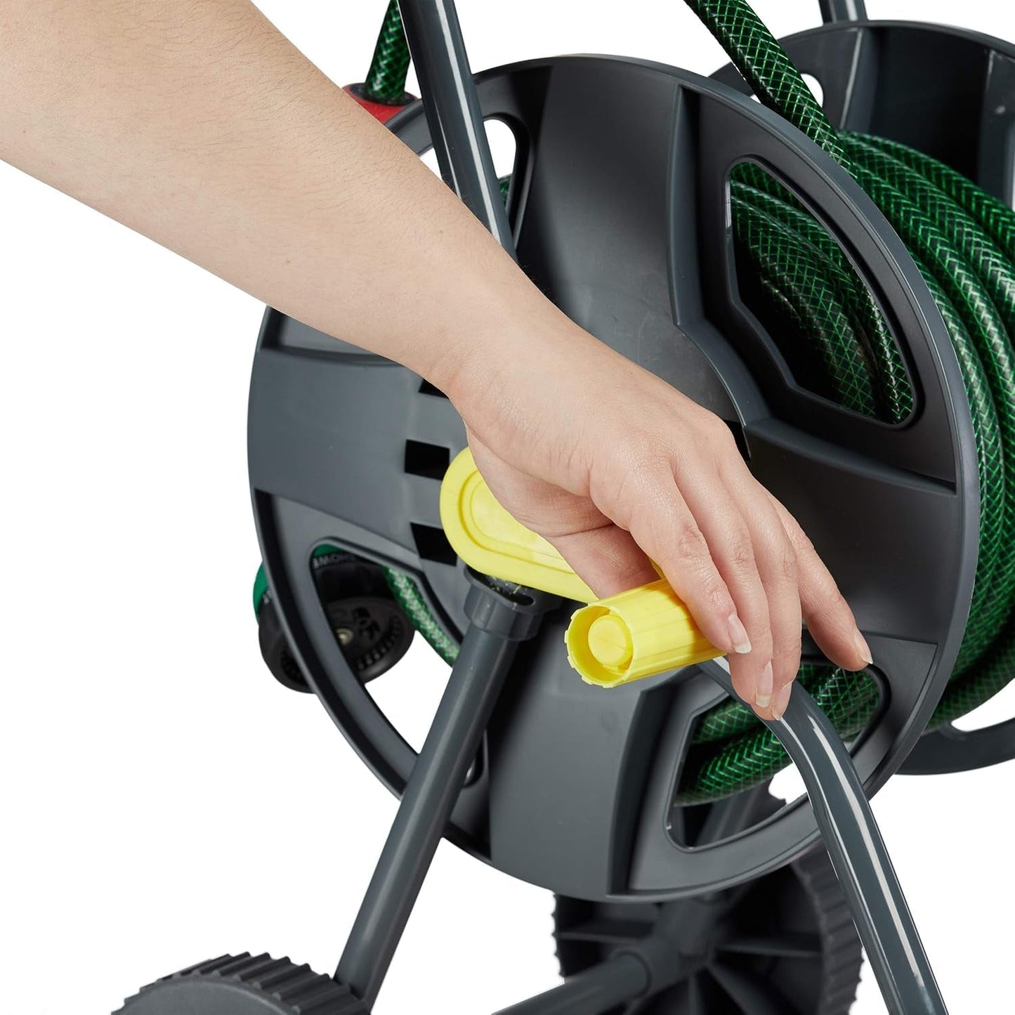 Dévidoir mobile Relaxdays 45 m pour tuyau d'arrosage et de balcon, avec guide-tuyau, 76,5x44x41 cm, gris-jaune