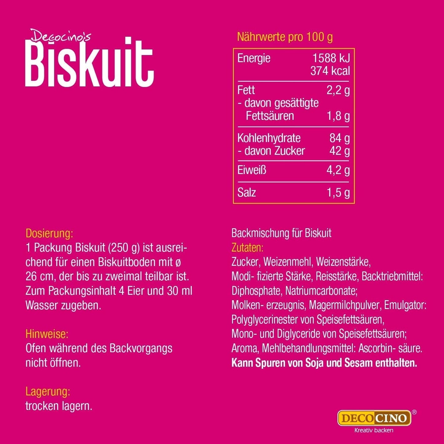 DECOCINO Biscuit Backmischung (250 G) – Einfache Zubereitung – Gelingsicher – Zum Backen Von Luftigen Biskuitböden, Creme-Torten, Biskuitrollen Uvm. Boutique Naty