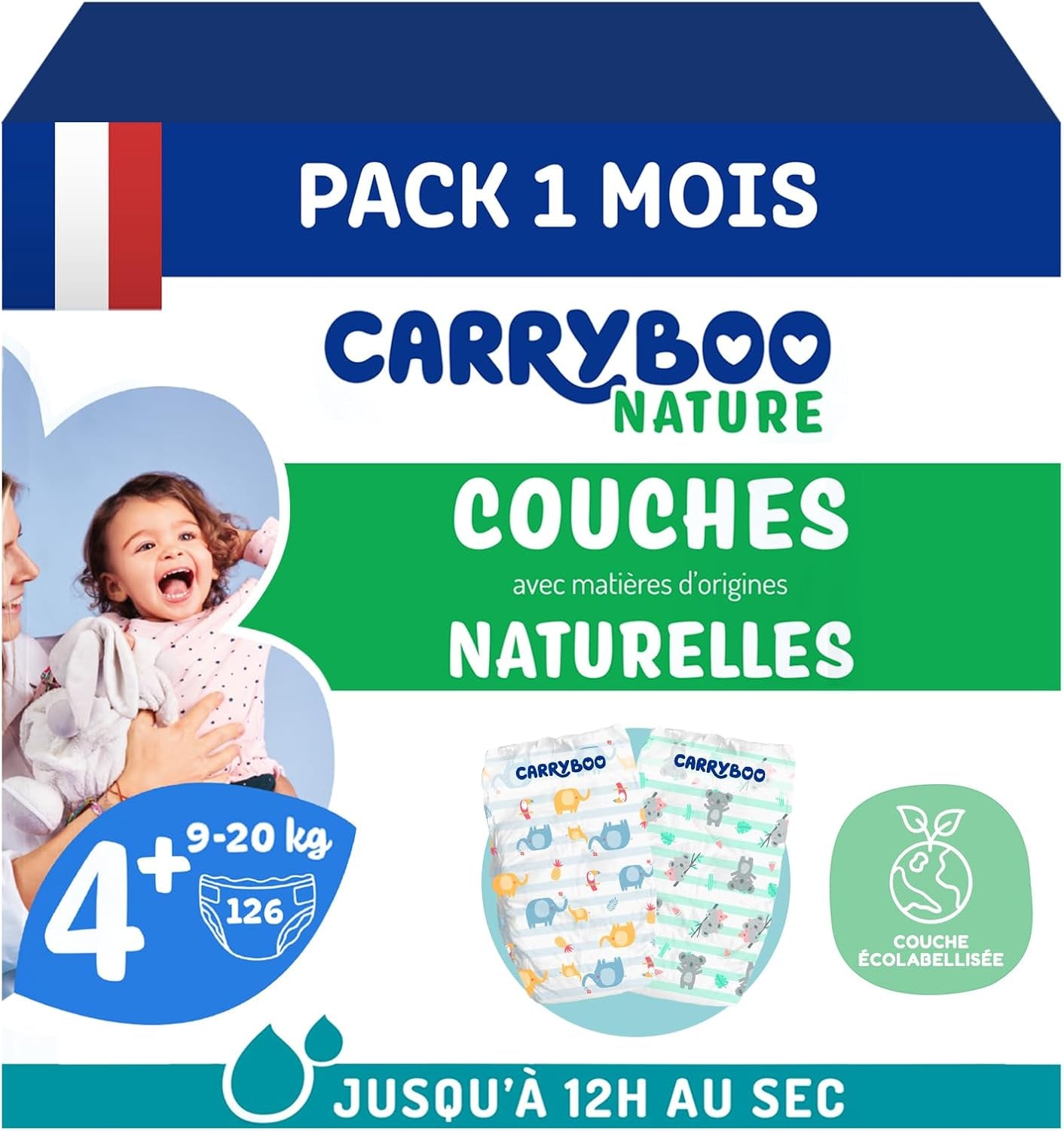 - Taille de couche 4+ 9-20 kg – Ökologische Babywaidern – natürliche Babypflege, hypoallergen, ohne Parfüm und auslaufsicher – hermestellung in Frankreich – 126 couches jetables – 1 mois
