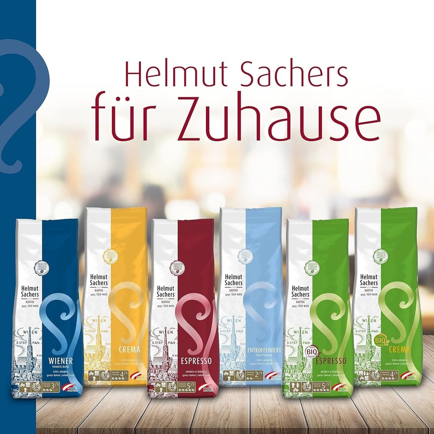 Helmut Sachers Kaffee - Mélange viennois, force 3/5, 100 % Arabica, grains de café entiers, 6 X 500G Naty Shop