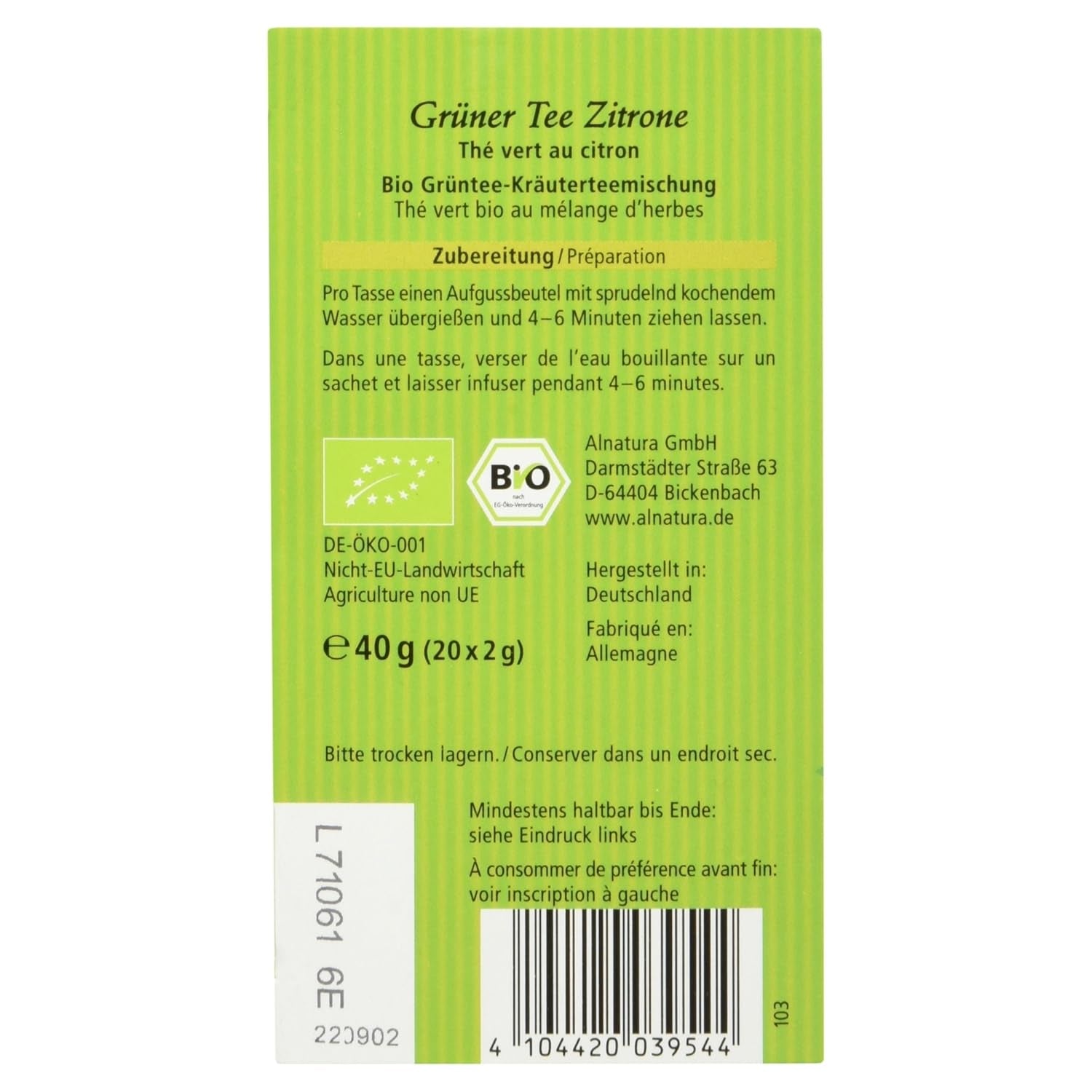 Thé vert bio au citron, 20 sachets, 40 g
