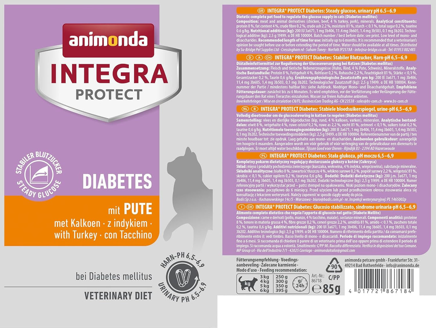 Animonda INTEGRA PROTECT nourriture humide pour chats diabétiques à la viande de dinde (24 x 85g), recommandée par les vétérinaires pour le diabète, un aliment diététique complet pour chats adultes, développé en collaboration avec des vétérinaires.