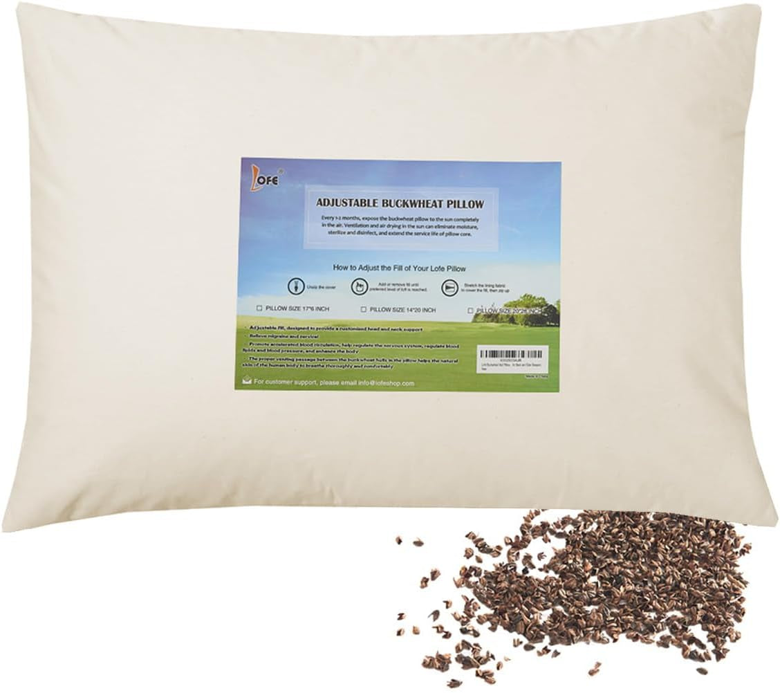 LOFE Oreiller de couchage en sarrasin biologique 35,6 x 50,8 cm, réglable, respirant, sommeil frais, soutien cervical pour dormeurs sur le dos et sur le côté (coques de sarrasin tartare) Naty Shop Oreillers standard couleur crème taille moyenne (16 × 22 pouces)