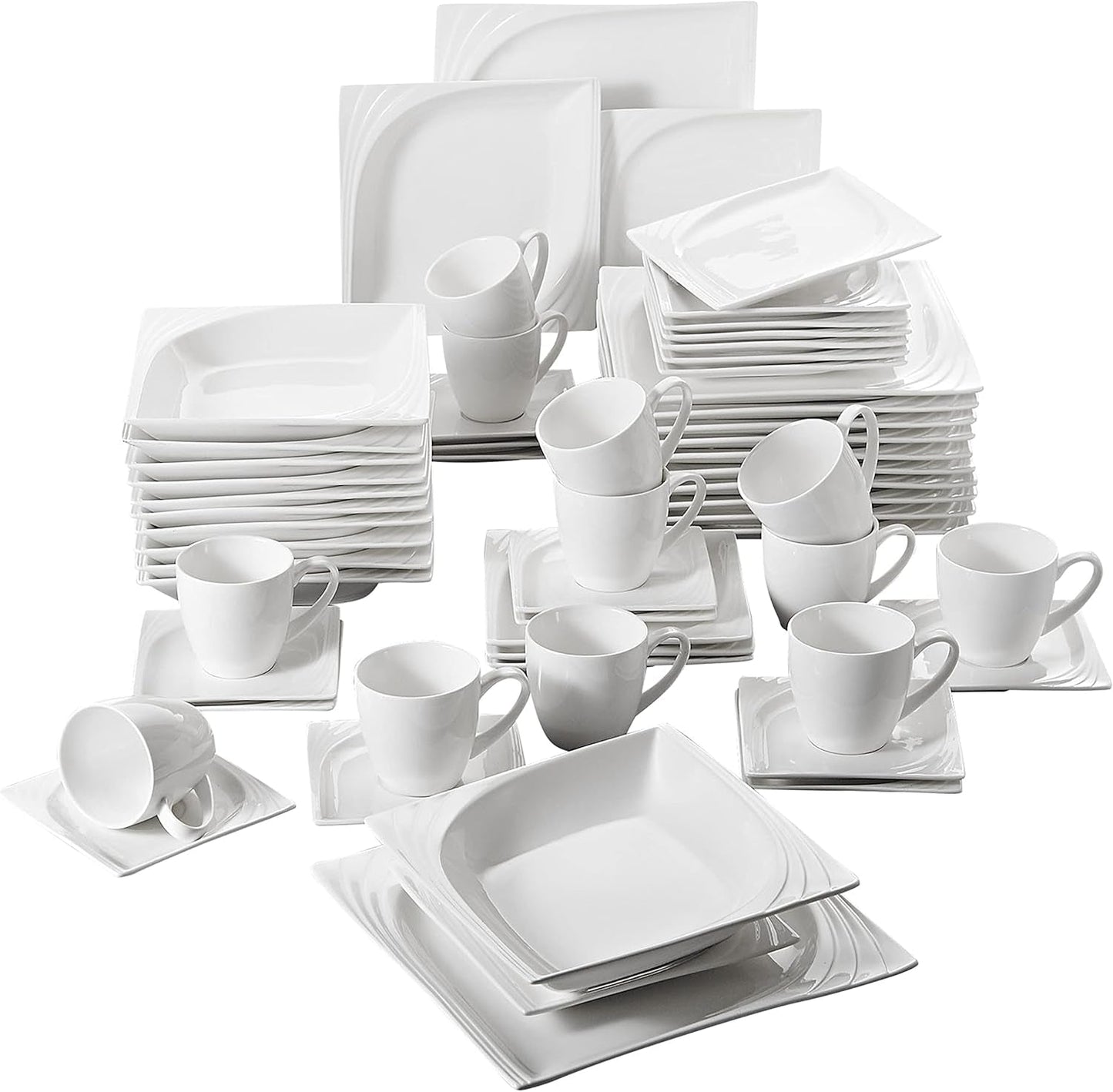 MALACASA, Série Monica, Service de table pour 12 personnes, Porcelaine blanc-crème, Service combiné avec 12 tasses à café, 12 soucoupes, 12 assiettes à dessert, 12 assiettes plates et 12 assiettes plates