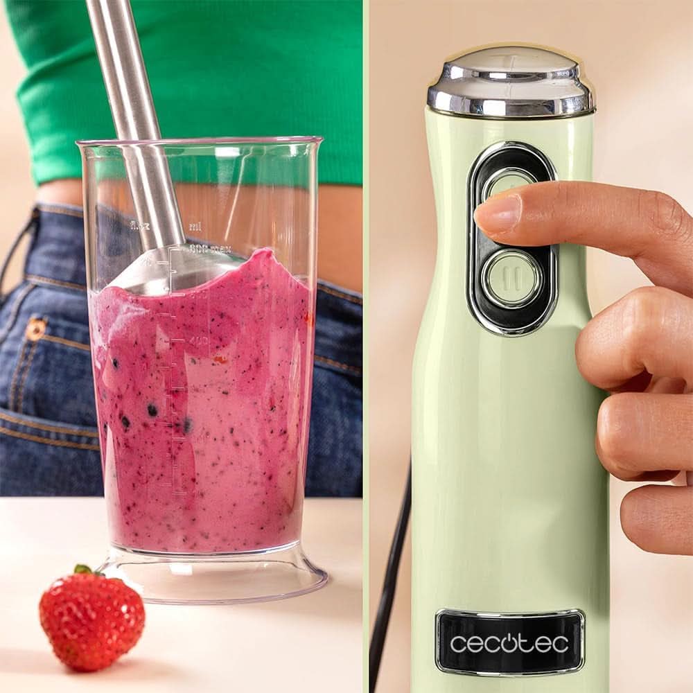 Cecotec Stabmixer Power Retrogreen 1200MAX Cream&Crush, Maximalleistung 1200 W, Technologie Crossblades, 2 vitesses, Zubehörset Spülmaschinenfest, Spritzschutzhaube Kitchen Naty Shop
