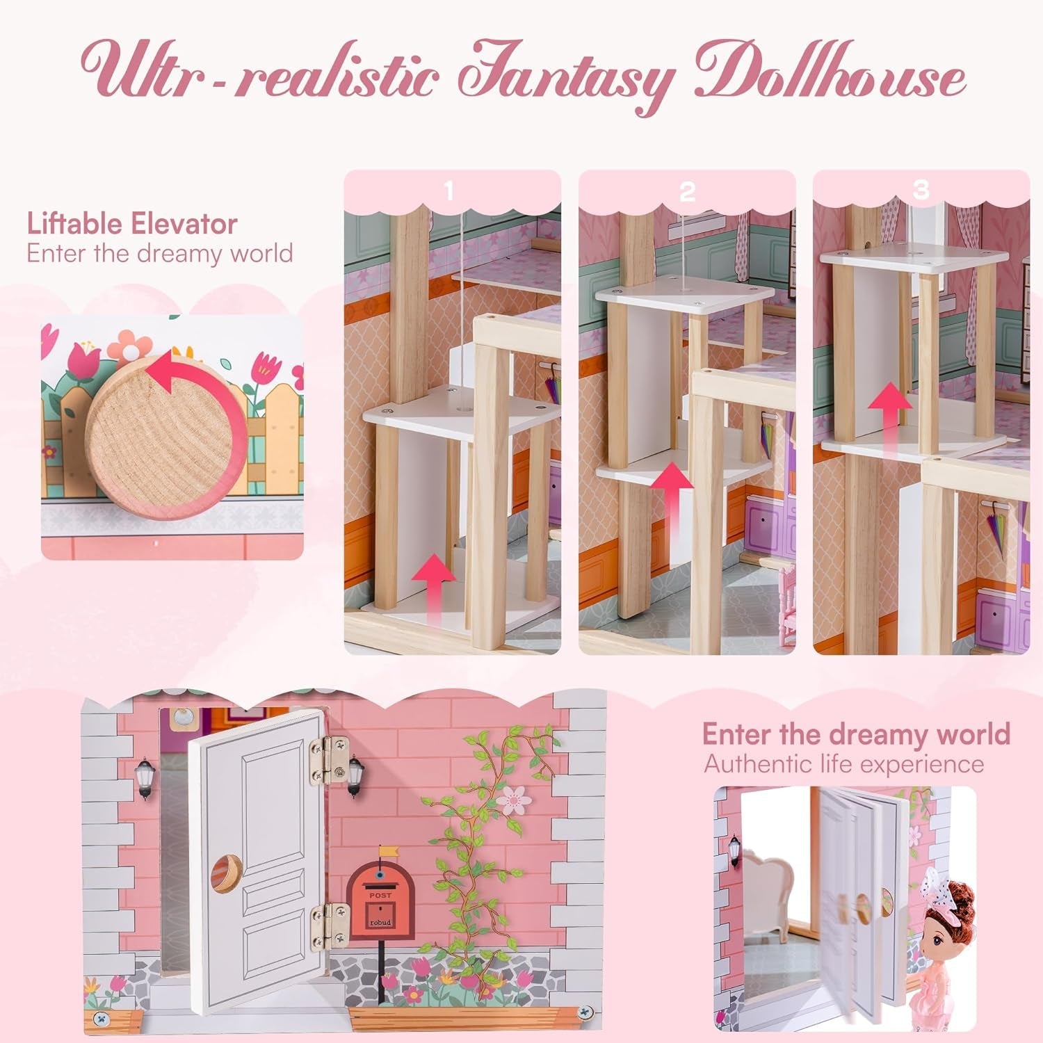 ROBUD Maison de poupée en bois pour enfants, jouet cadeau pour filles et garçons de 3, 4, 5, 6 ans