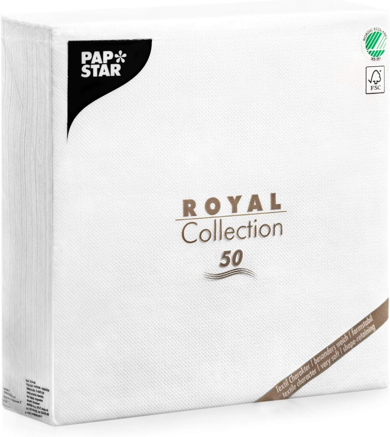 Papstar, 50 serviettes "Collection ROYAL" pli 1/4 48 cm x 48 cm blanc, #11577