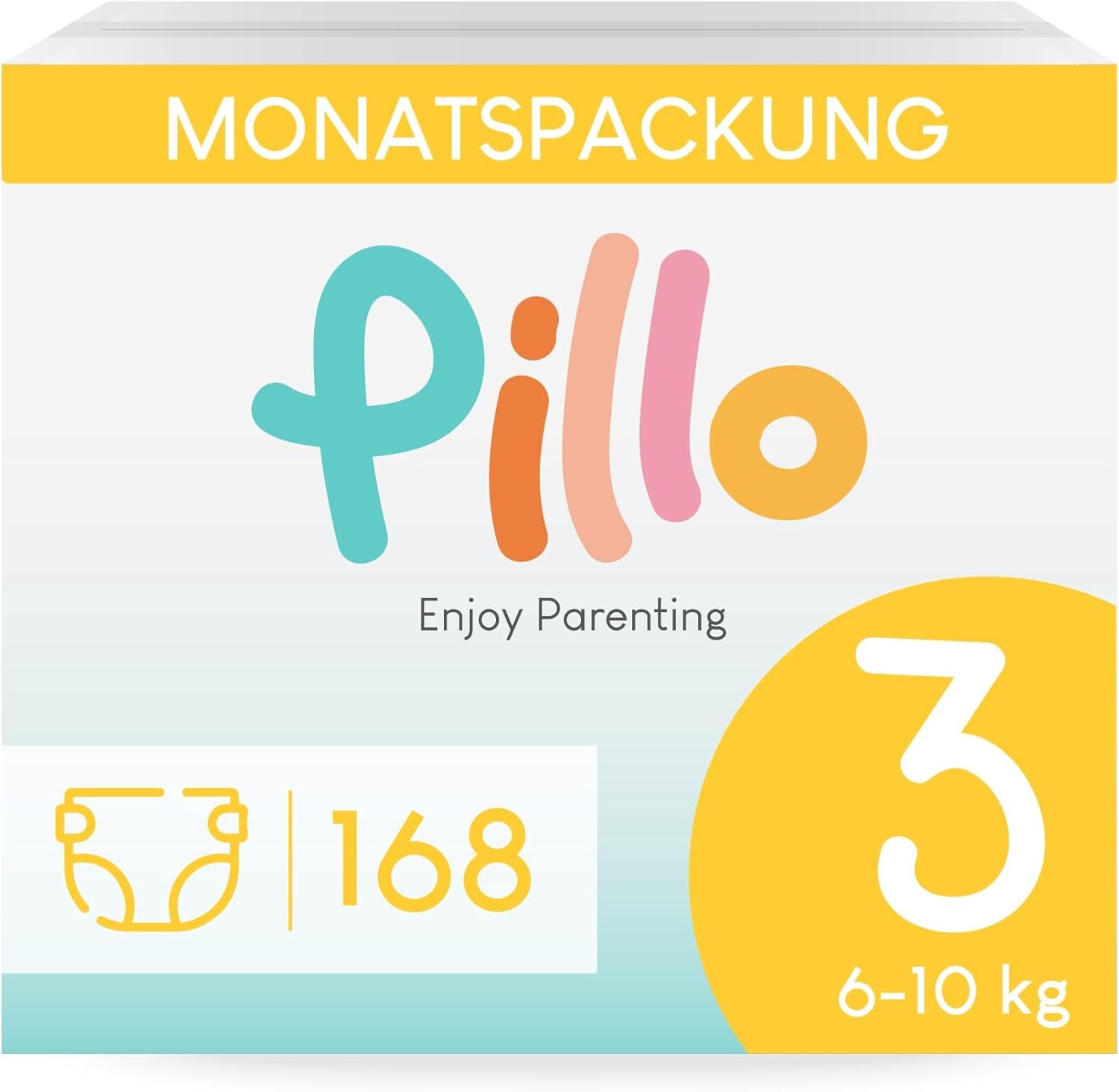 Couches Pillo 3 - Carton de 168 couches, 6 paquets de 28 couches chacun, taille 3 - Midi (6-10 kg) - Couches pour bébés