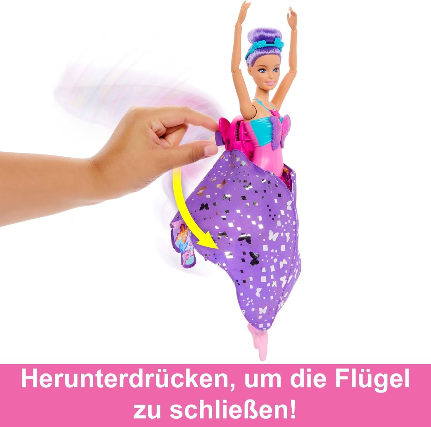 Barbie Danseuse et papillon 2 en 1 transformant la danseuse en papillon avec ailes ouvertes, cheveux violets, accessoires pour cheveux et tutu détachable, HXJ10