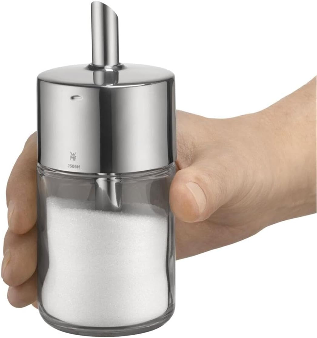 WMF Barista Sucrier 240 g, verre, distributeur de sucre, acier inoxydable poli Cromargan, idéal pour le sucre blanc/brun, le cacao ou comme shaker à épices