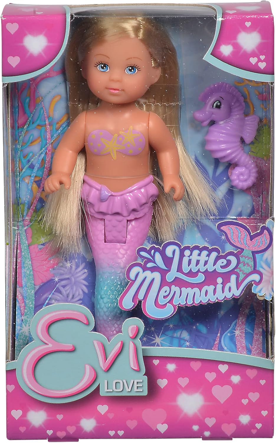 Simba 105733424 - Evi Love La Petite Sirène, 2 façons assorties, UN seul article sera livré, Evi en sirène, nageoire caudale mobile, avec hippocampe, poupée mannequin de 12 cm, à partir de 3 ans