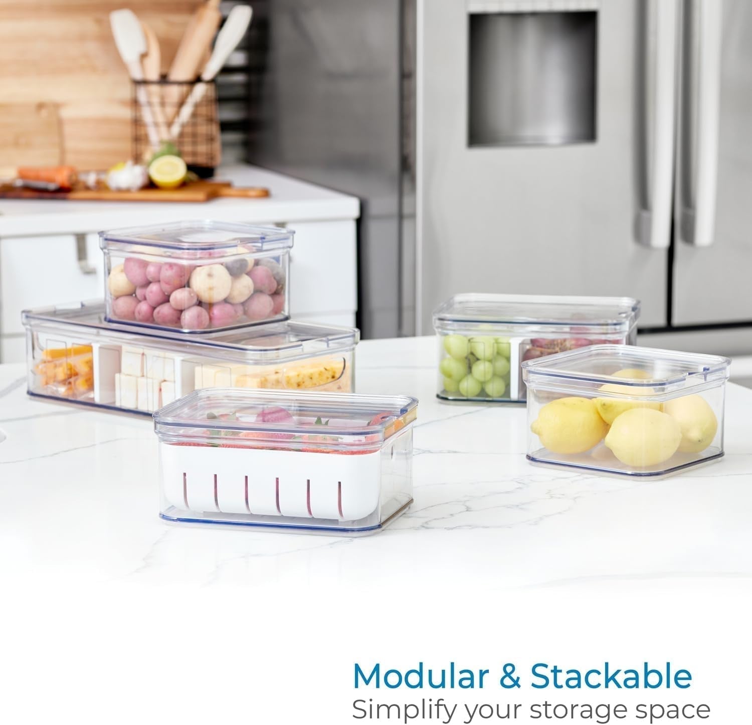 iDesign Lot de 5 boîtes de rangement pour réfrigérateur avec couvercles, boîtes de conservation en plastique recyclé pour organiser les consommables, boîtes de conservation transparentes et blanches Naty Shop