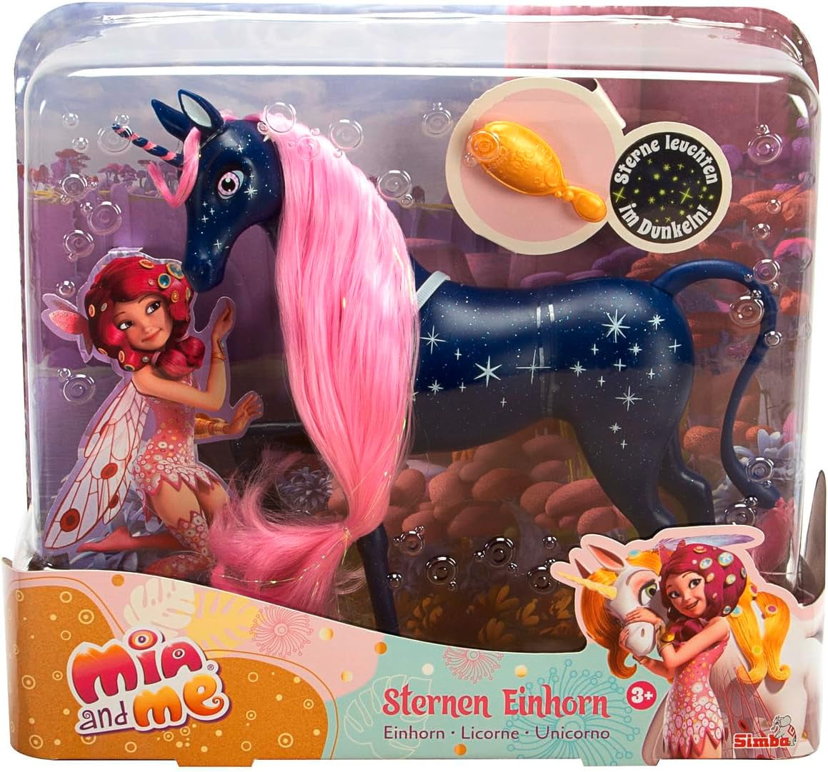Simba 109483043 - Licorne étoilée Mia and Me 25 cm, cheval jouet avec étoiles phosphorescentes sur le corps et la brosse à cheveux, à partir de 3 ans
