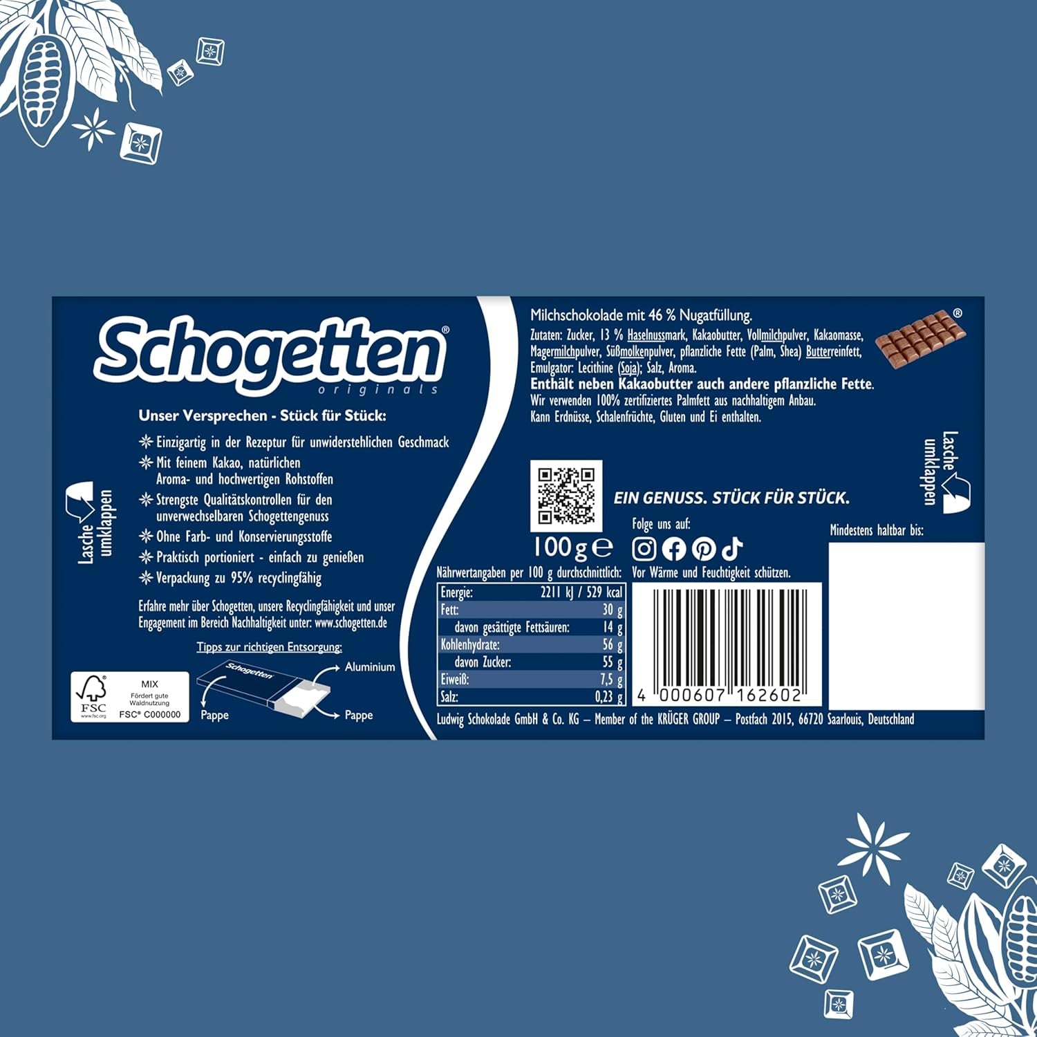 Tablette de chocolat Schogetten Nougat 100g, portion individuelle. Un délice. Pièce par pièce.