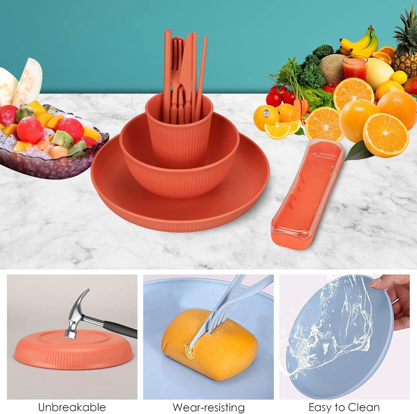 Ensemble de couverts indestructibles pour 6 personnes Ensemble de couverts de camping 66 pièces Ensembles de couverts de pique-nique en plastique Ensemble de couverts en plastique léger et coloré pour barbecue Assiettes de service Bols