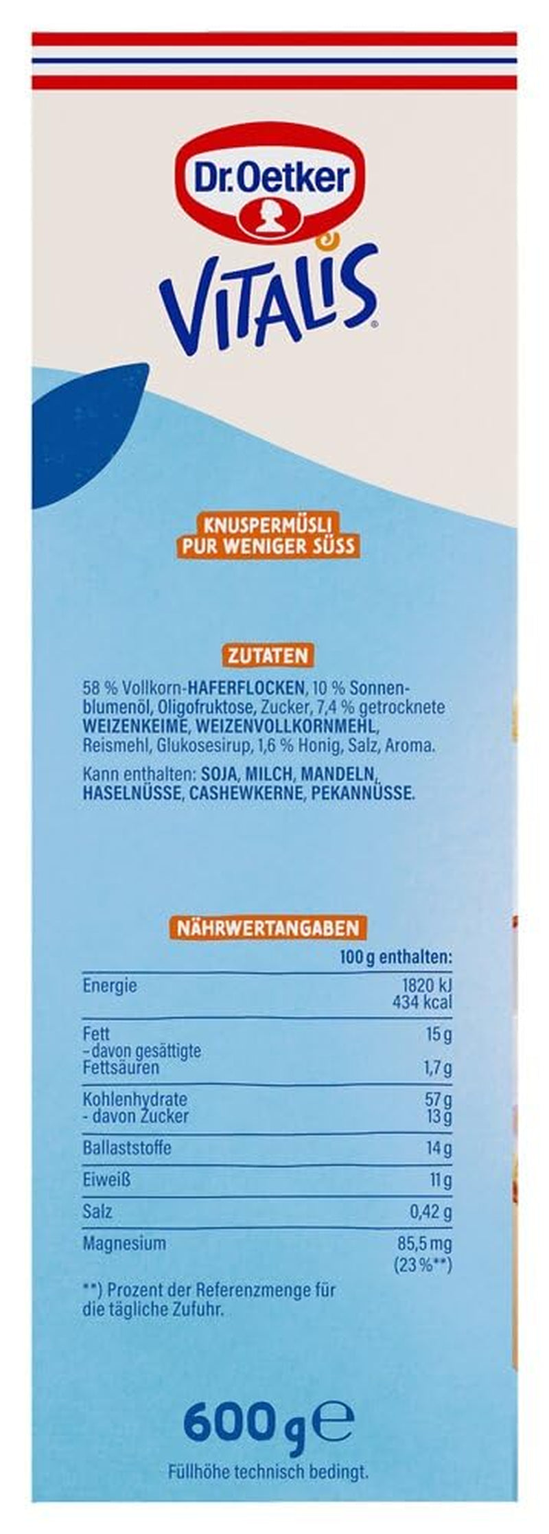 Dr. Oetker Vitalis Less Sweet Crunchy Pure : Muesli croquant avec 30 % de sucre en moins, paquet de 5 (5 x 600 g)