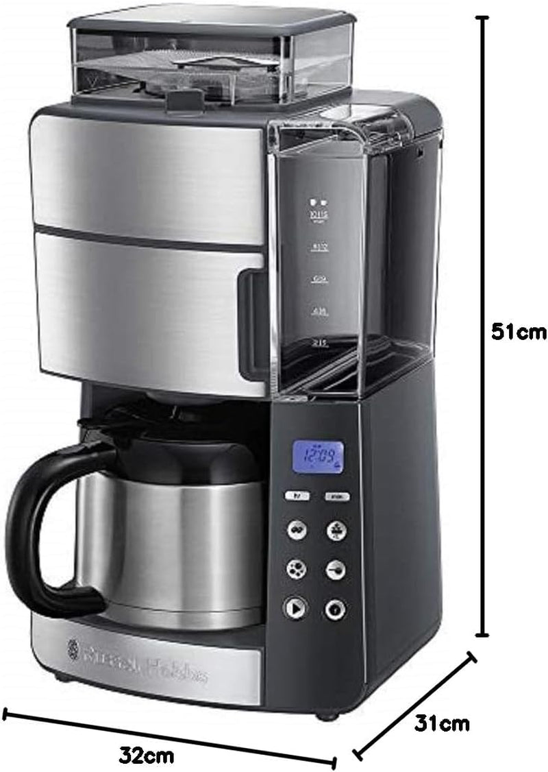 Russell Hobbs Cafetière avec moulin et carafe thermique [minuterie numérique, pomme de douche pour une extraction et un arôme optimaux] Grind&Brew (1-10 tasses, 3 réglages de mouture) Cafetière à filtre 25620-56