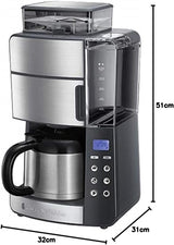 Russell Hobbs Cafetière avec moulin et carafe thermique [minuterie numérique, pomme de douche pour une extraction et un arôme optimaux] Grind&Brew (1-10 tasses, 3 réglages de mouture) Cafetière à filtre 25620-56