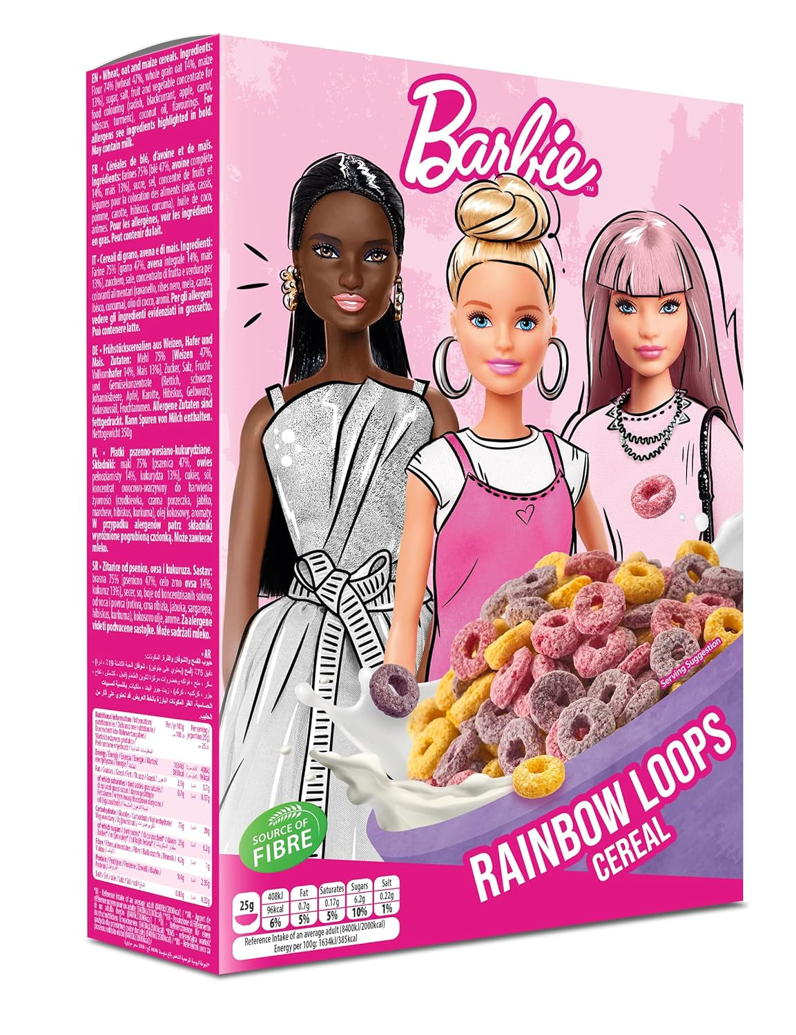 Céréales Barbie Rainbow Loops, anneaux colorés de blé, d'avoine et de maïs au goût de fruits pour un petit-déjeuner parfait, 1 paquet (1 x 350 g)