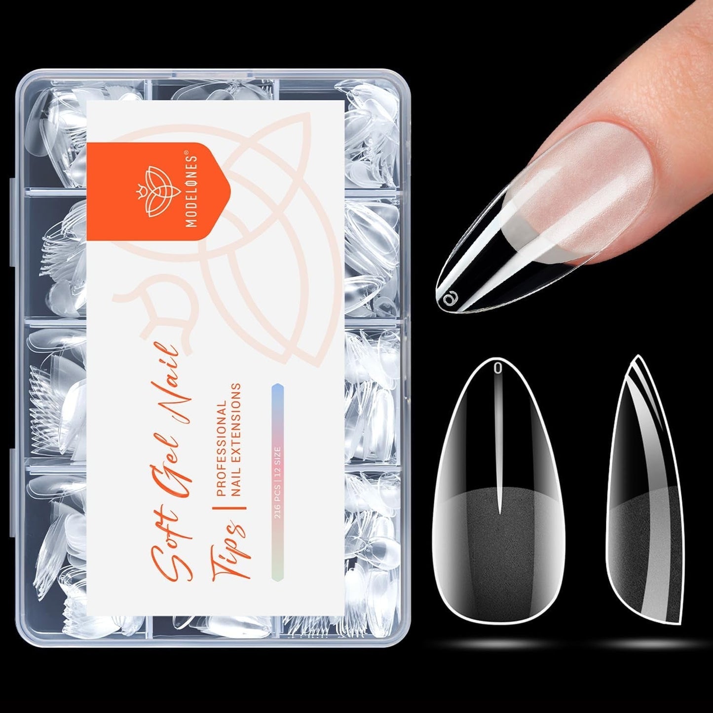 Modelones Nail Tips 216 pièces – Ensemble de pointes d'ongles à couverture complète, ensemble de pointes en gel souple, pointes d'ongles en résine PMMA pré-polissage, colle DIY sur ongles artificiels Nail Art, amandes courtes XS