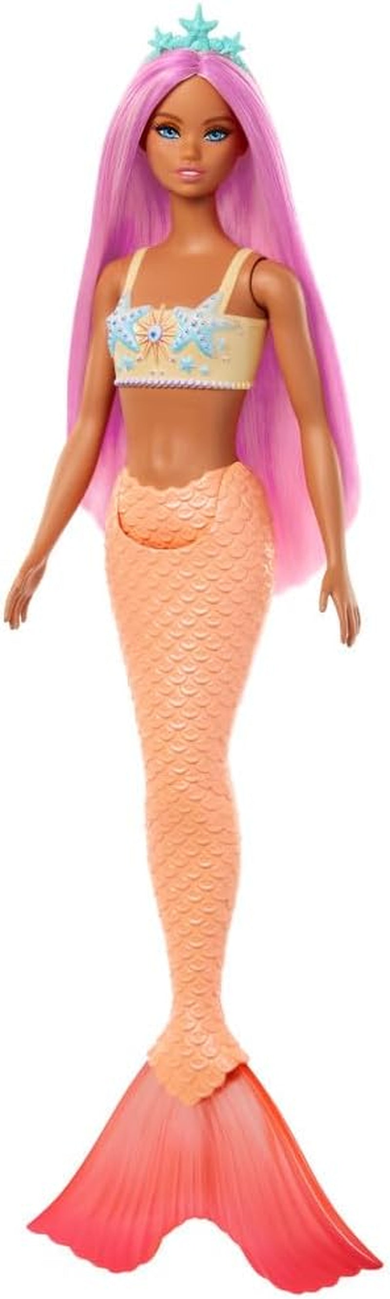 Poupée Barbie sirène avec cheveux et bandeau roses fantaisie, poupée tête d'étoile de mer et nageoire queue orange douce, HRR05