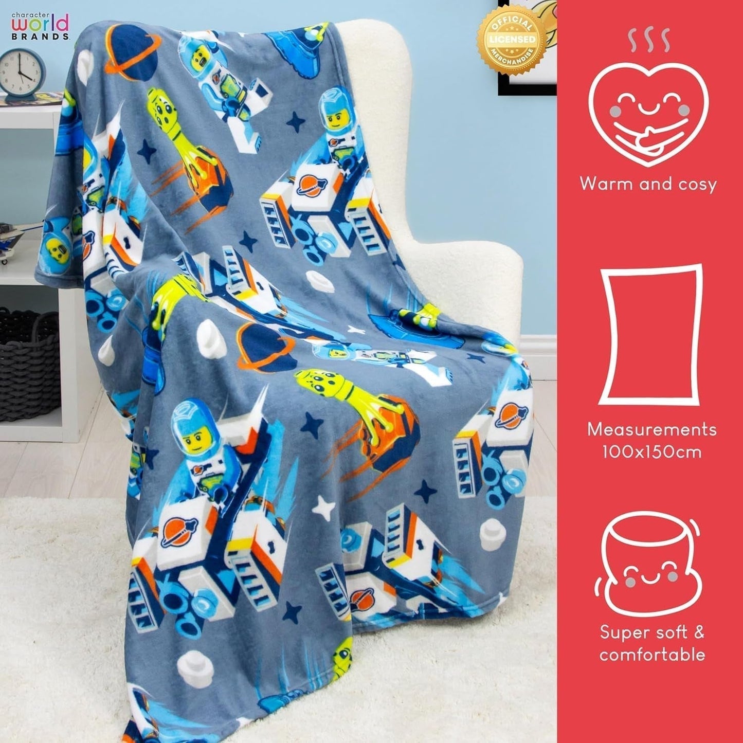 Character World Couverture polaire officielle Lego® City, super douce, bleu chaud, design Cityspace, parfaite pour les chambres, le camping et le sommeil, lits et couvertures 100 x 150 cm Besuche den Character World-Store