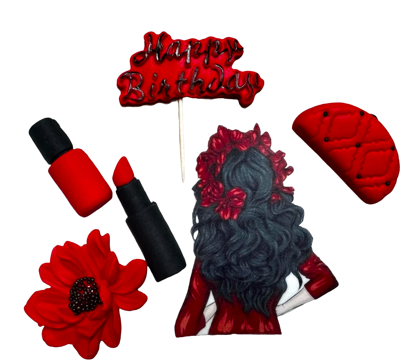 Lot de 6 décorations comestibles en pâte à sucre, Belle Dame, Décorations en pâte à sucre rouge et noire Naty Shop