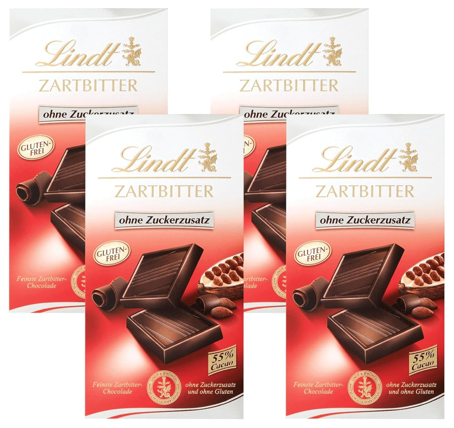 Chocolat noir sans sucre ajouté | Comprimé 100g | Le meilleur avec 55% de cacao, sans gluten | Barre de chocolat | Coffret cadeau chocolat (paquet de 4)