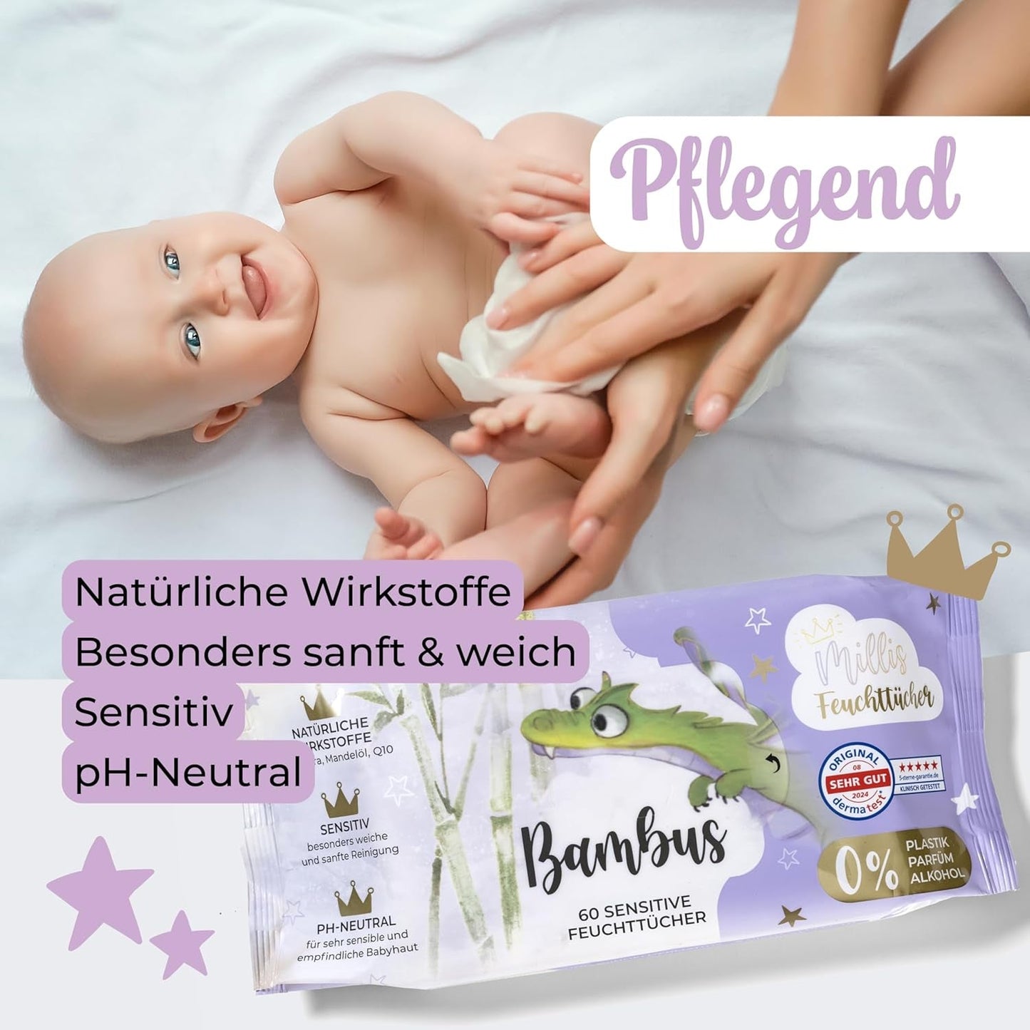 Lingettes humides Millis Bamboo Baby Sensitive pour peau délicate de bébé - 5 x 60 pièces - Nettoyage naturel, doux et durable - Lingettes bébé biodégradables, sans plastique et sans alcool