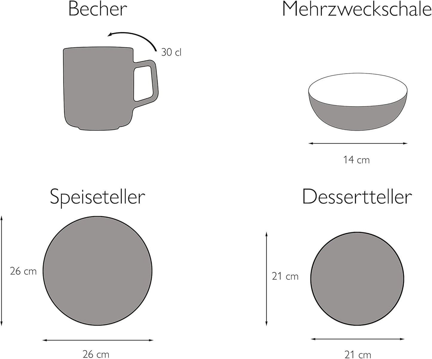 CreaTable, 22506, Série COSY DAY, Service de table 16 pièces pour 4 personnes, Service combiné en porcelaine, Passe au lave-vaisselle et au micro-ondes, Fabrication de qualité