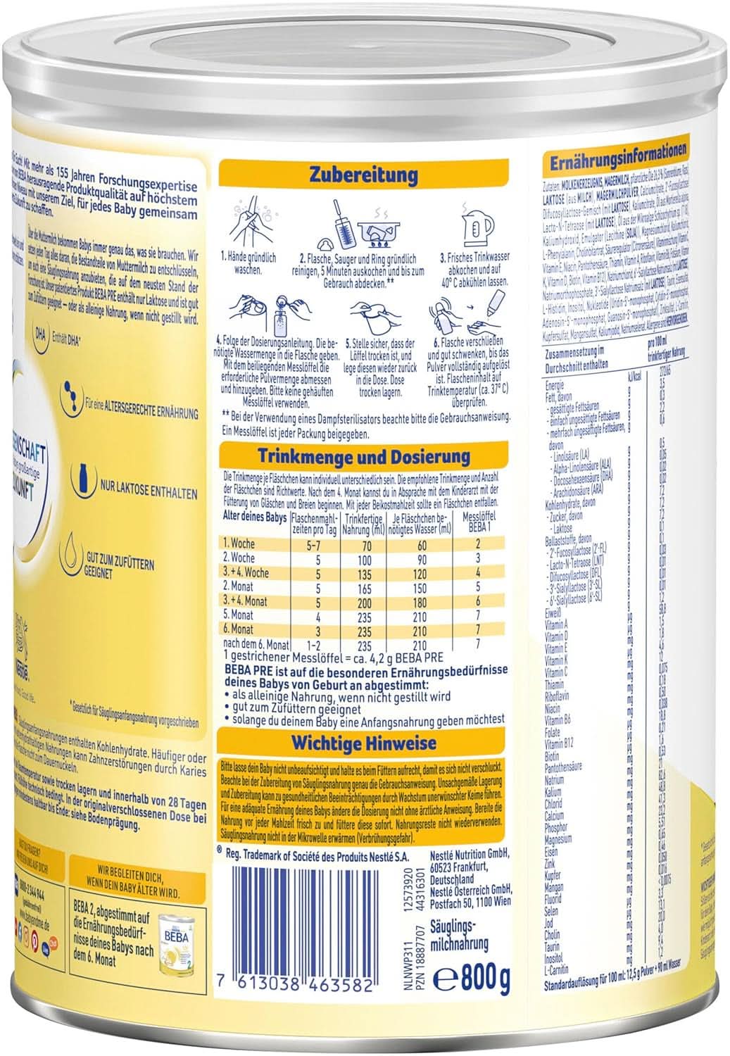 BEBA PRE Initial Lait dès la naissance, Aliment pour bébé avec DHA, Lactose uniquement, Sans huile de palme, Pack 3 (3 x 800g) Naty Shop