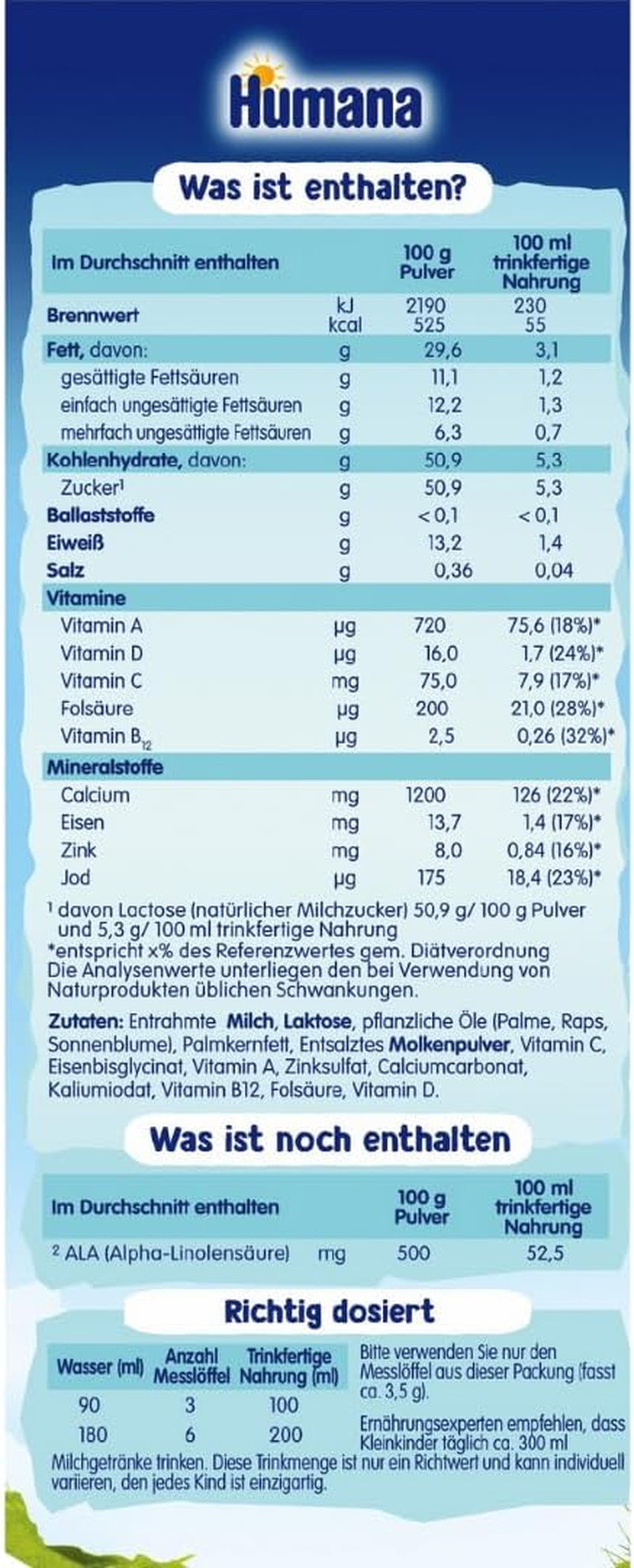 Humana Kindergetränk 1+, ab 1 Jahr, Milchpulver für Kindermilch, nährstoffreiche Milch für Kleinkinder, as gelegentliches Milchgetränk oder zur Mahlzeit, 650 g