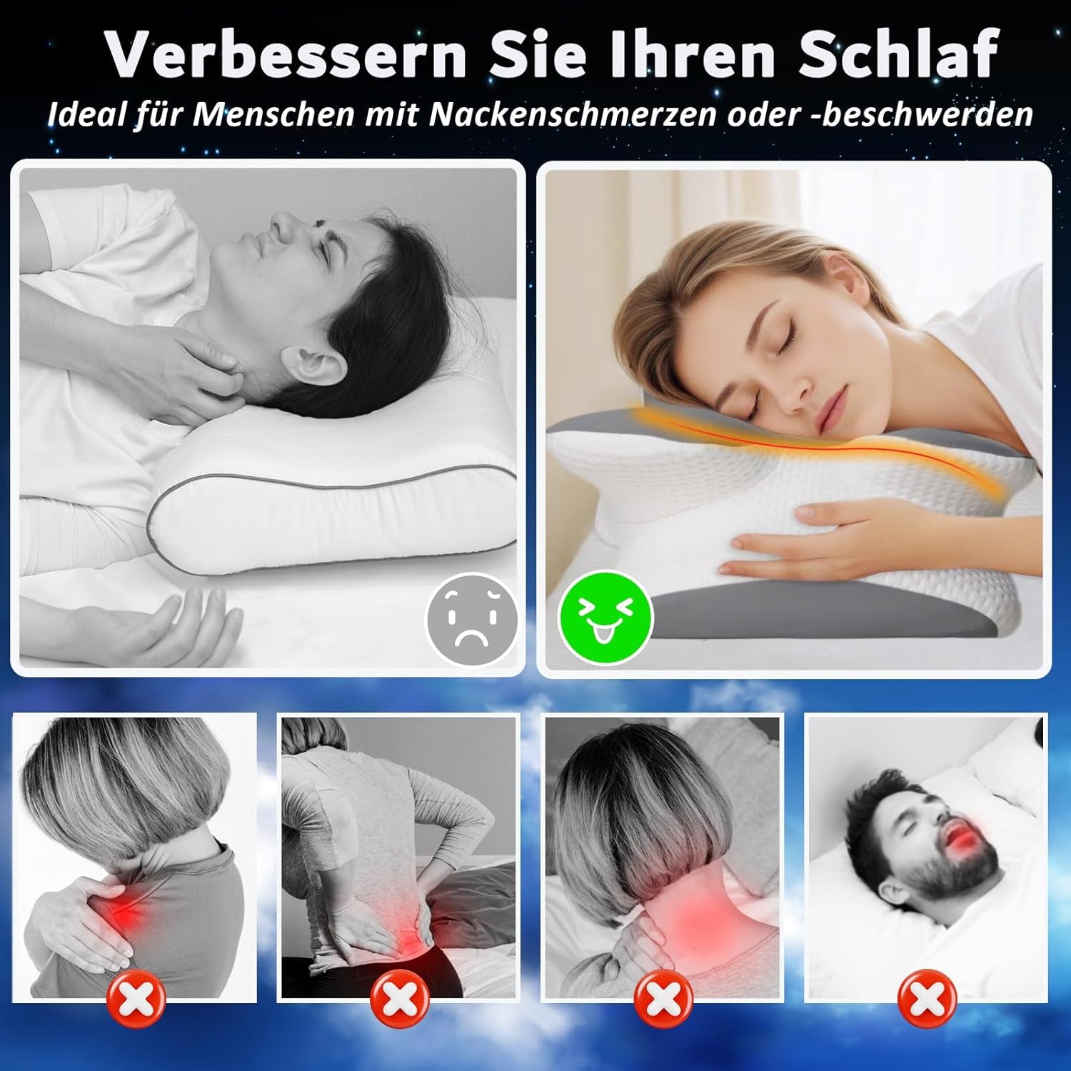 Oreiller orthopédique en mousse à mémoire de forme - Design ergonomique - Forme creuse pour dormeurs sur le côté, le dos et le ventre - Oreillers orthopédiques cervicaux gris Naty Shop