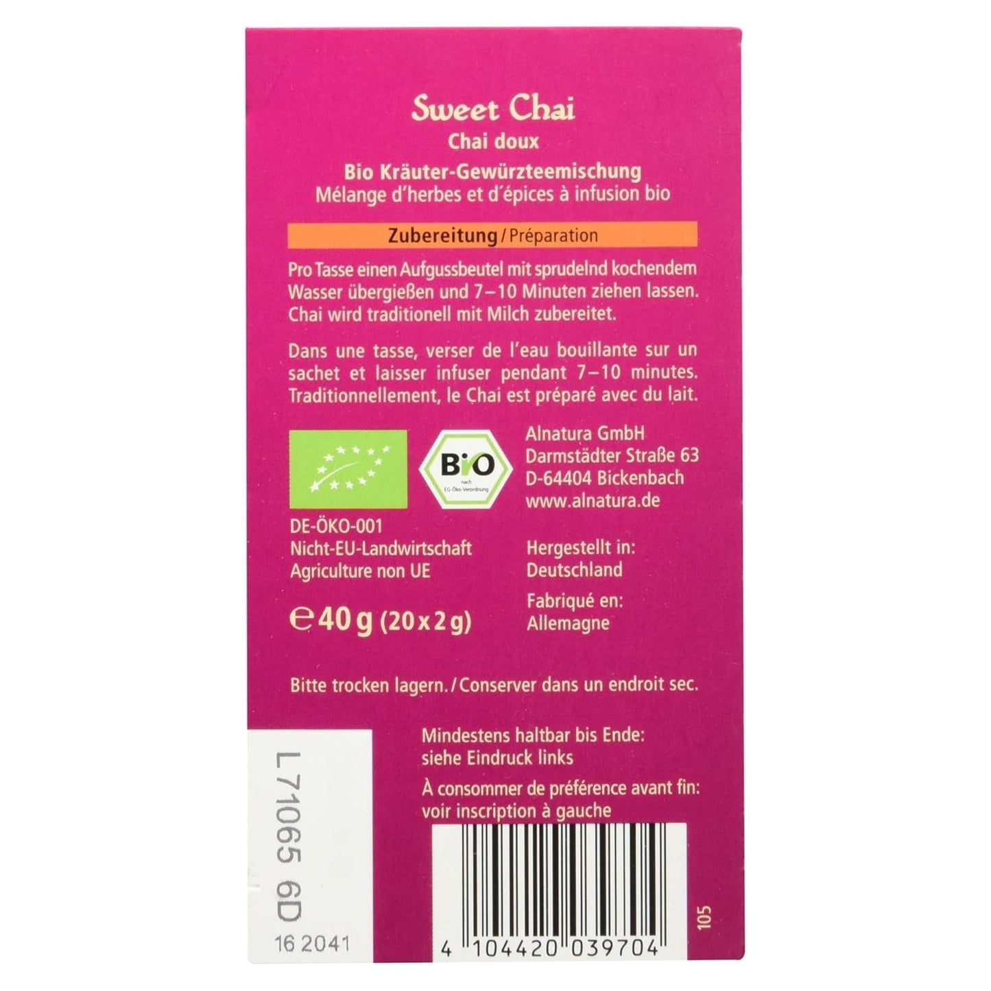 Thé biologique Sweet Chai, 20 sachets de thé, 40 g (paquet de 3)