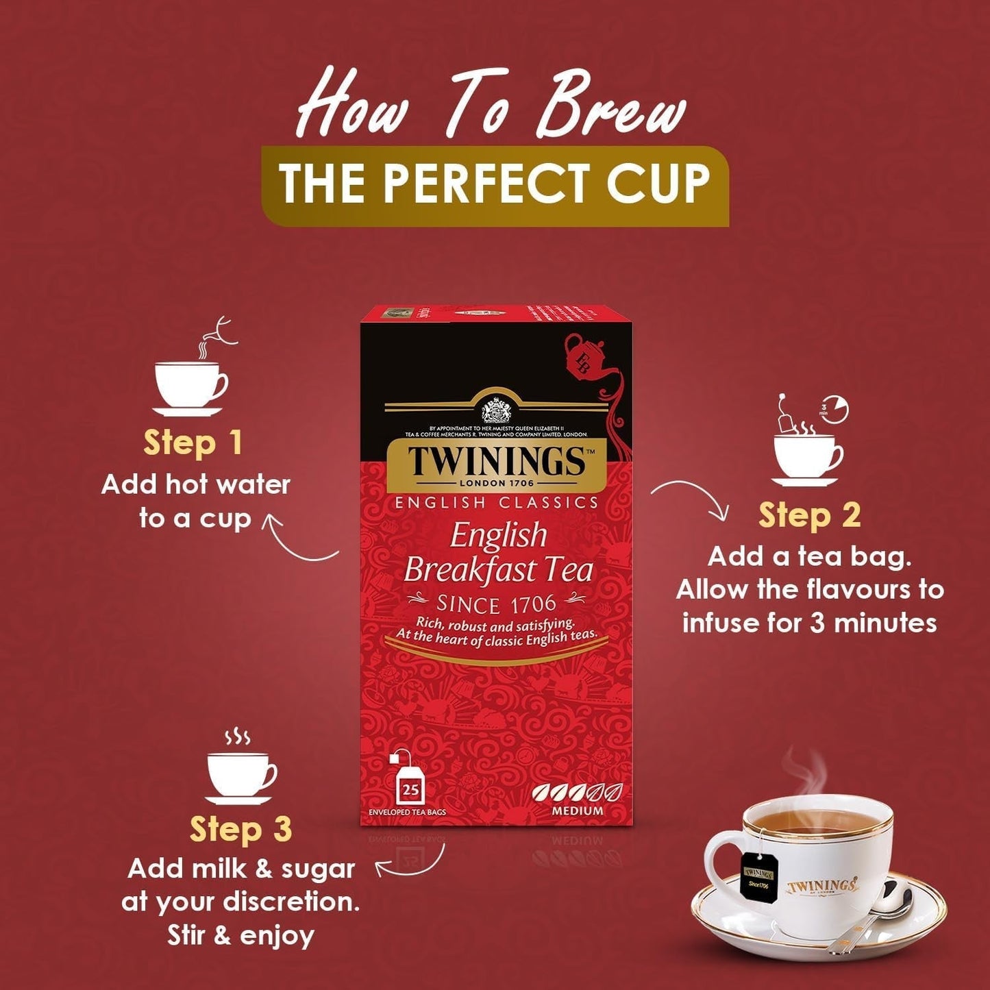 Thé Noir Twinings English Breakfast 50 g, 25 sachets de thé, thé noir ample, rond et fort issu des meilleures plantations de thé du Sri Lanka et d'Inde. Thé noir Paquet de 1 (1 x 50 g)